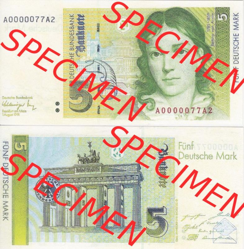 BRD Deutschland Deutsche Bundesbank 1991, 5 DM-Deutsche Mark. Vorderseite und Rückseite auf einen Digitalen Bild der Banknoten Deutschland Deutsche Bundesbank 1989-1993, Banknoten... Sammlung
