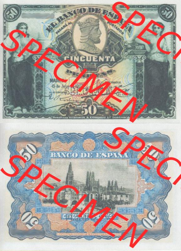 Banknoten Spanien 1907-1907, 50 Peseten. Vorderseite und Rückseite auf einen Digitalen Bild der Banknoten von Spanien 1907, Banknoten aus Satz der Banknoten Spanien 1907 Peseten-Währung... Sammlung