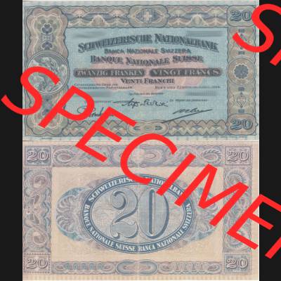 Banknoten Schweiz 1923-1929, 20 Franken. Vorderseite und Rückseite auf einen Digitalen Bild der Banknoten der Schweiz 1913-1955, Banknoten aus Satz der Banknoten Schweiz 1913-1955... Sammlung