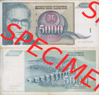 Banknoten Jugoslawien 1991-1991, 5000 Dinar. Vorderseite und Rückseite einer Banknote aus dem nicht mehr existierenden Land Jugoslawien... Sammlung
