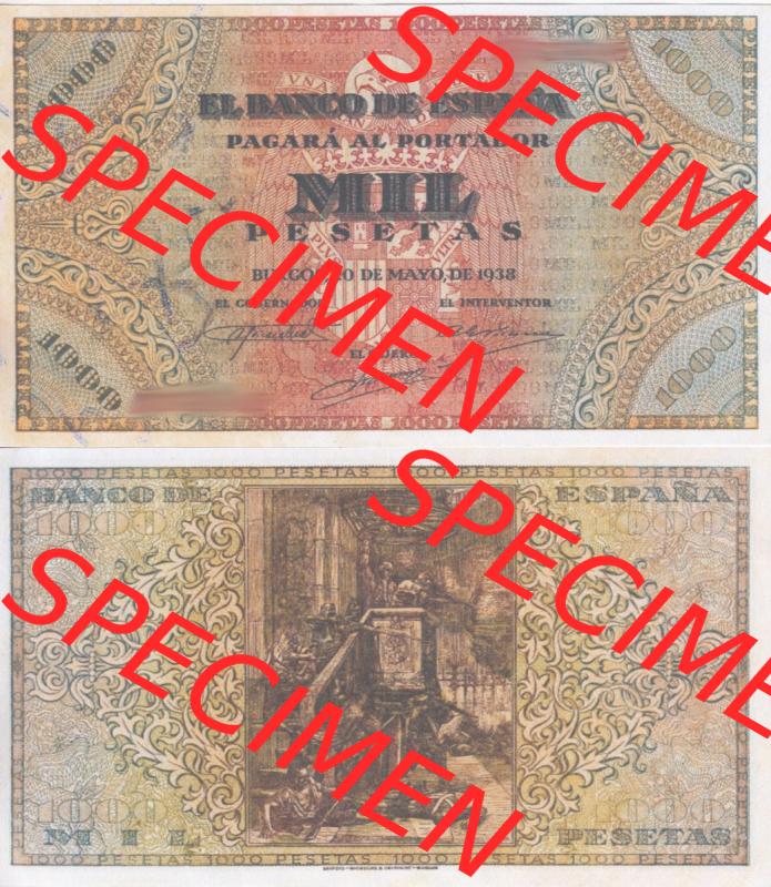Banknoten Spanien 1938-1938, 1000 Peseten. Vorderseite und Rückseite auf einen Digitalen Bild der Banknoten von Spanien 1937-1938, Banknoten aus Satz der Banknoten Spanien 1937-1938... Sammlung