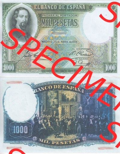 Banknoten Spanien 1931-1931, 1000 Peseten. Vorderseite und Rückseite auf einen Digitalen Bild der Banknoten von Spanien 1931,... Sammlung