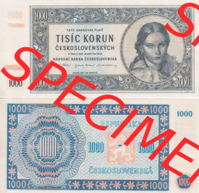 Banknoten Tschechoslowakei 1945-1945, 1000 Kronen, Tisic Korun. Vorderseite und Rückseite auf einen Digitalen Bild der Banknoten... Sammlung