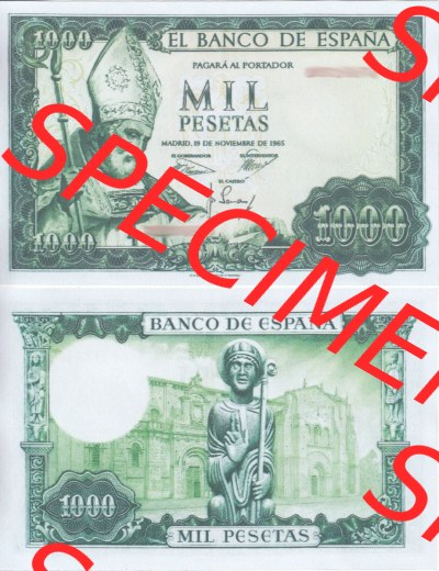 Banknoten Spanien 1965-1971, 1000 Peseten. Vorderseite und Rückseite auf einen Digitalen Bild der Banknoten von Spanien 1965-1978,... Sammlung