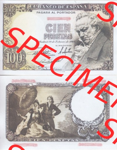 Banknoten Spanien 1946-1949, 100 Peseten. Vorderseite und Rückseite auf einen Digitalen Bild der Banknoten von Spanien 1946-1949,... Sammlung