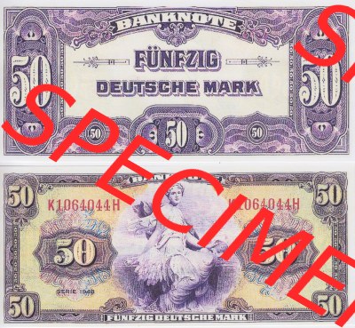 BRD Deutschland Alliierte Besetzung 1948, 50 Deutsche Mark I.. Vorderseite und Rückseite auf einen Digitalen Bild der Banknoten... Sammlung