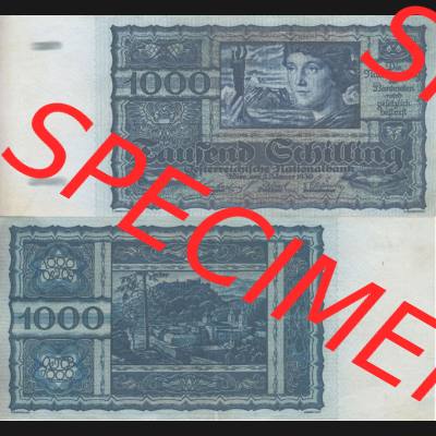 Banknoten Österreich 1930-1930, 1000 Schilling. Vorderseite und Rückseite auf einen Digitalen Bild der Banknoten von Österreich 1927-1930, Banknoten aus Satz der Banknoten... Sammlung