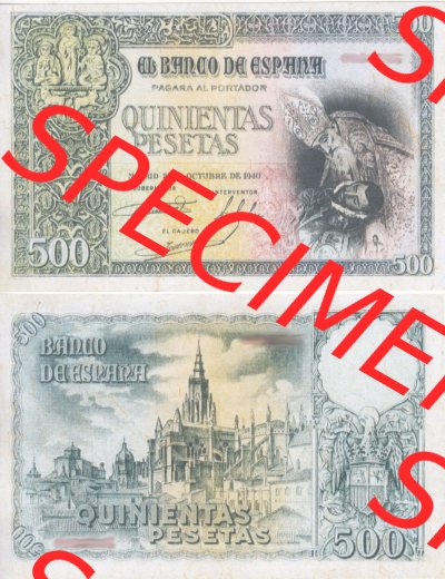 Banknoten Spanien 1940-1940, 500 Peseten. Vorderseite und Rückseite auf einen Digitalen Bild der Banknoten von Spanien 1940,... Sammlung