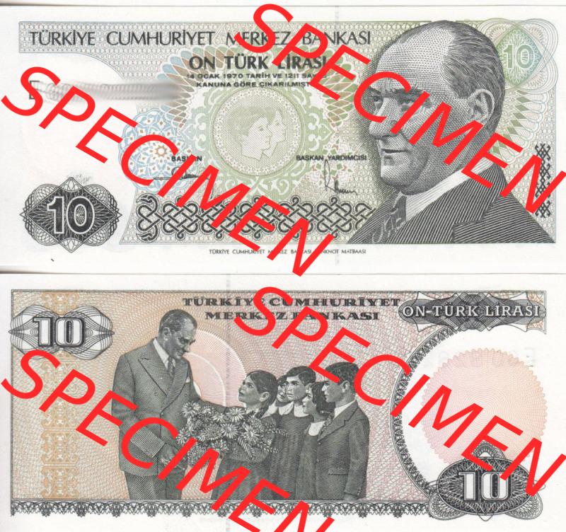 Banknote Türkei 1979-1979 (1970), 10 Lira I.. Vorderseite und Rückseite auf einen Digitalen Bild der Banknoten der Türkei 1968-1986, Banknoten aus Satz... Sammlung