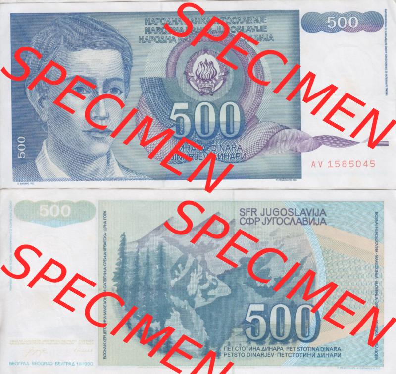 Banknoten Jugoslawien 1990-1990, 500 Dinar. Vorderseite und Rückseite einer Banknote aus dem nicht mehr existierenden Land Jugoslawien auf einen Digitalen Bild, Banknoten aus Satz... Sammlung