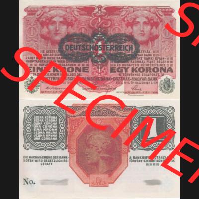 Banknoten Österreich 1919-1919, 1 Krone Deutschösterreich. Vorderseite und Rückseite auf einen Digitalen Bild der Banknoten von Österreich 1919-1919 Deutschösterreich,... Sammlung