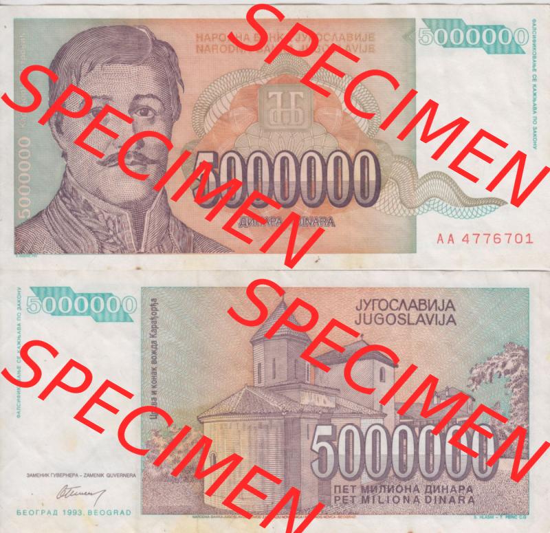 Banknoten Jugoslawien 1993-1993, 5000000 Dinar. Vorderseite und Rückseite einer Banknote aus dem nicht mehr existierenden Land Jugoslawien auf einen Digitalen Bild, Banknoten aus... Sammlung