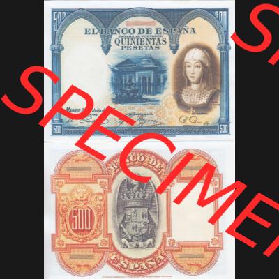 Banknoten Spanien 1927-1927, 500 Peseten. Vorderseite und Rückseite auf einen Digitalen Bild der Banknoten von Spanien 1926-1927, Banknoten aus Satz der Banknoten Spanien 1926-1927... Sammlung