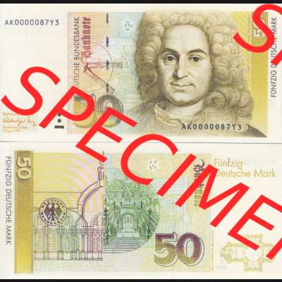 BRD Deutschland Deutsche Bundesbank 1989-1993, 50 DM-Deutsche Mark. Vorderseite und Rückseite auf einen Digitalen Bild der Banknoten Deutschland Deutsche Bundesbank 1989-1993, Banknoten... Sammlung