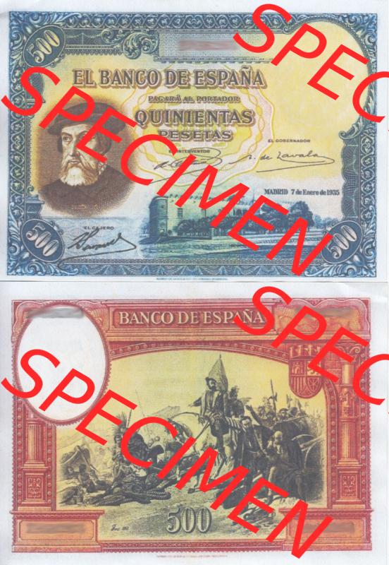 Banknoten Spanien 1935-1935, 500 Peseten. Vorderseite und Rückseite auf einen Digitalen Bild der Banknoten von Spanien 1935-1938, Banknoten aus Satz der Banknoten Spanien 1935-1938... Sammlung