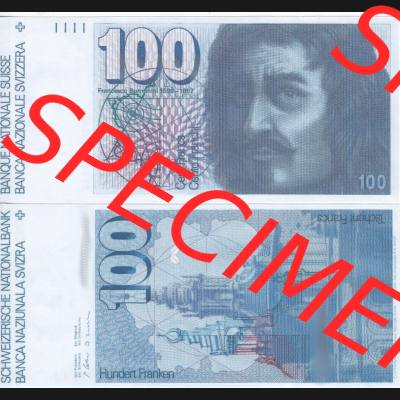 Banknoten Schweiz 1975-1993, 100 Franken. Vorderseite und Rückseite auf einen Digitalen Bild der Banknoten der Schweiz 1975-1993, Banknoten aus Satz der Banknoten Schweiz 1975-1993... Sammlung