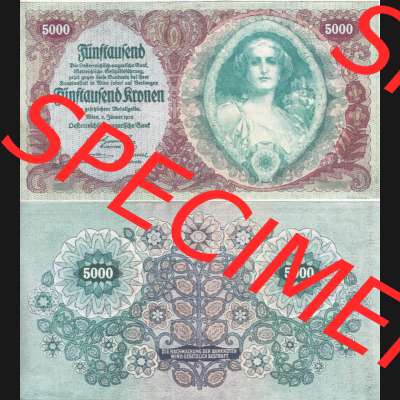 Banknoten Österreich 1922-1922, 5000 Kronen. Vorderseite und Rückseite auf einen Digitalen Bild der Banknoten von Österreich 1922, Banknoten aus Satz der Banknoten Österreich... Sammlung