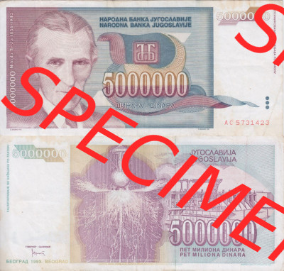 Banknoten Jugoslawien 1993-1993, 5000000 Dinar. Vorderseite und Rückseite einer Banknote aus dem nicht mehr existierenden Land... Sammlung
