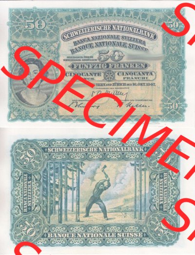 Banknoten Schweiz 1924-1955, 50 Franken. Vorderseite und Rückseite auf einen Digitalen Bild der Banknoten der Schweiz 1913-1955,... Sammlung
