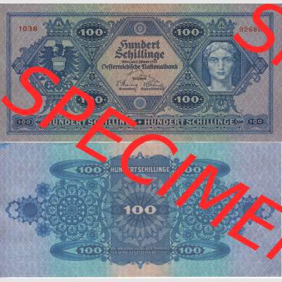 Banknoten Österreich 1925-1925, 100 Schilling. Vorderseite und Rückseite auf einen Digitalen Bild der Banknoten von Österreich 1924 und 1925, Banknoten aus 2 Sätzen... Sammlung