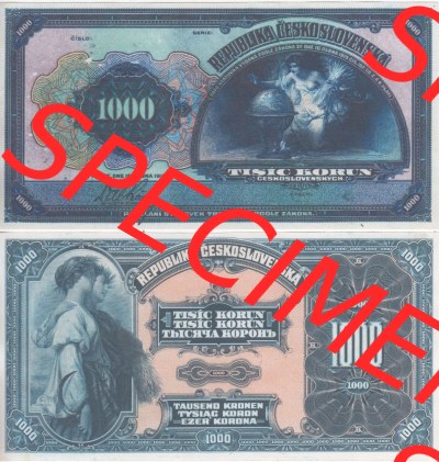 Banknoten Tschechoslowakei 1919-1919, 1000 Korun. Vorderseite und Rückseite auf einen Digitalen Bild der Banknoten der Tschechoslowakei... Sammlung