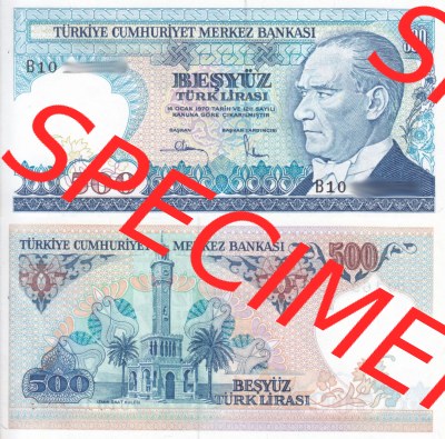 Banknote Türkei 1970, 500 Lire. Vorderseite und Rückseite auf einen Digitalen Bild der Banknoten der Türkei 1968-1986, Banknoten... Sammlung