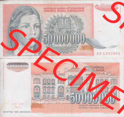Banknoten Jugoslawien 1993-1993, 50000000 Dinar. Vorderseite und Rückseite einer Banknote aus dem nicht mehr existierenden Land... Sammlung