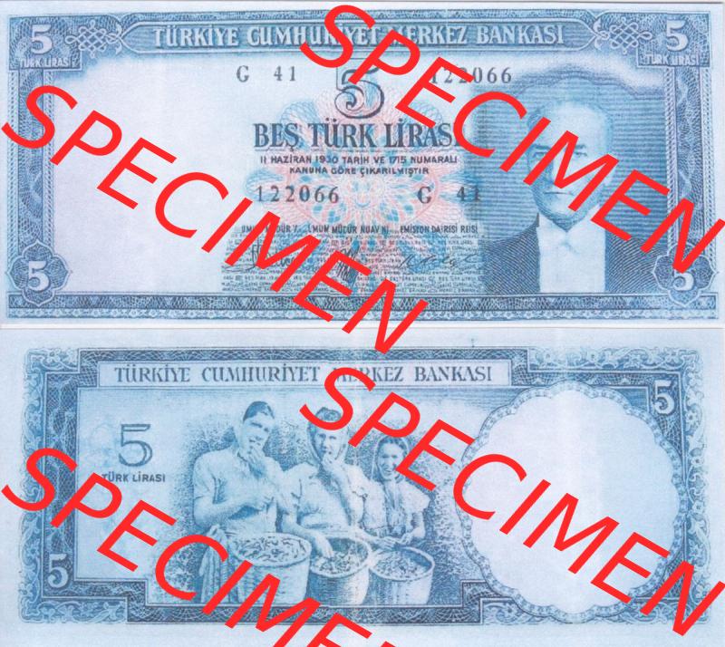 Banknote Türkei 1952, P154, 5 Lira. Vorderseite und Rückseite auf einen Digitalen Bild der Banknoten der Türkei 1951-1960, Banknoten aus Satz der Banknoten der Türkei... Sammlung