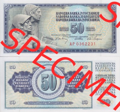 Banknoten Jugoslawien 1968-1968, 50 Dinar. Vorderseite und Rückseite einer Banknote aus dem nicht mehr existierenden Land Jugoslawien... Sammlung