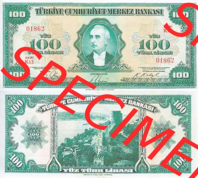 Banknote Türkei 1947, P149, 100 Lira. Vorderseite und Rückseite auf einen Digitalen Bild der Banknoten der Türkei 1947, Banknoten... Sammlung