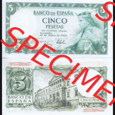 Banknoten Spanien 1954-1954, 5 Peseten. Vorderseite und Rückseite auf einen Digitalen Bild der Banknoten von Spanien 1953-1958, Banknoten aus Satz der Banknoten Spanien 1953-1958... Sammlung