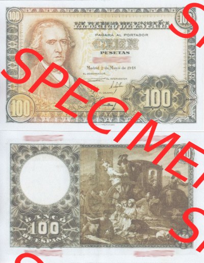 Banknoten Spanien 1948-1948, 100 Peseten. Vorderseite und Rückseite auf einen Digitalen Bild der Banknoten von Spanien 1946-1949,... Sammlung