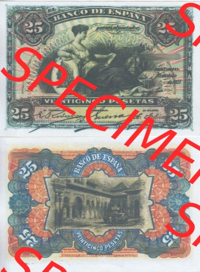 Banknoten Spanien 1907-1907, 25 Peseten. Vorderseite und Rückseite auf einen Digitalen Bild der Banknoten von Spanien 1907, Banknoten... Sammlung