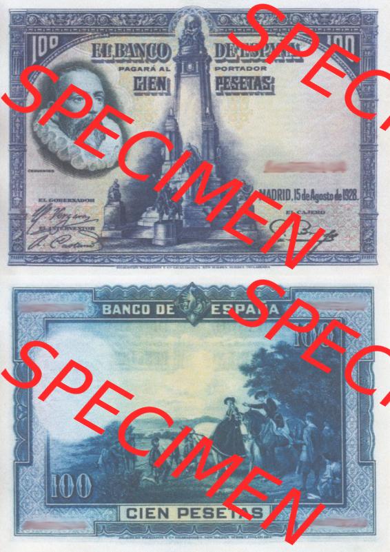 Banknoten Spanien 1928-1928, 100 Peseten. Vorderseite und Rückseite auf einen Digitalen Bild der Banknoten von Spanien 1928, Banknoten aus Satz der Banknoten Spanien 1928 in der... Sammlung