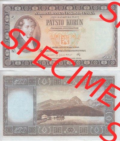 Banknoten Tschechoslowakei 1946-1946, 500 Kronen, Pätsto Korun. Vorderseite und Rückseite auf einen Digitalen Bild der Banknoten... Sammlung