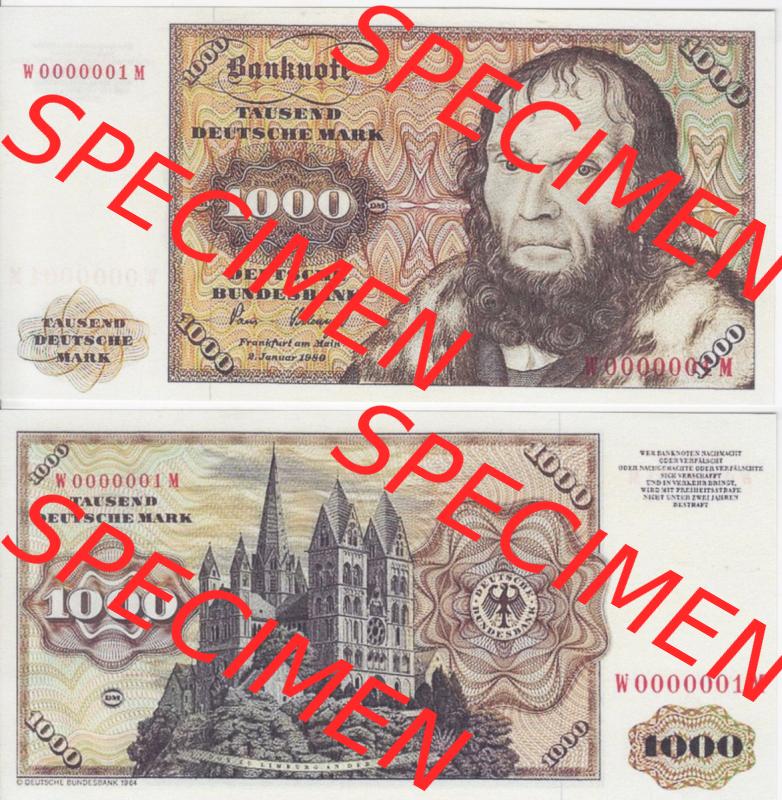 BRD Deutschland Deutsche Bundesbank 1980, 1000 DM-Deutsche Mark. Vorderseite und Rückseite auf einen Digitalen Bild der Banknoten Deutschland Deutsche Bundesbank 1980, Banknoten... Sammlung