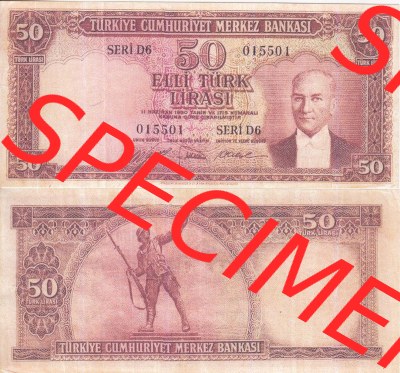 Banknote Türkei 1951, P162, 50 Lira. Vorderseite und Rückseite auf einen Digitalen Bild der Banknoten der Türkei 1951-1960,... Sammlung