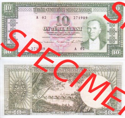Banknote Türkei 1960, P161, 10 Lira. Vorderseite und Rückseite auf einen Digitalen Bild der Banknoten der Türkei 1951-1960,... Sammlung