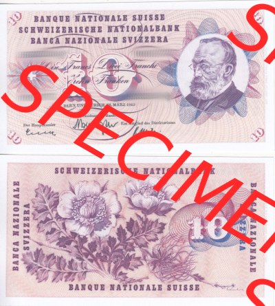 Banknoten Schweiz 1955-1977, 10 Franken. Vorderseite und Rückseite auf einen Digitalen Bild der Banknoten der Schweiz 1954-1977,... Sammlung