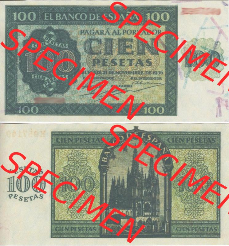 Banknoten Spanien 1936-1936, 100 Peseten. Vorderseite und Rückseite auf einen Digitalen Bild der Banknoten von Spanien 1936, Banknoten aus Satz der Banknoten Spanien 1936 in der... Sammlung
