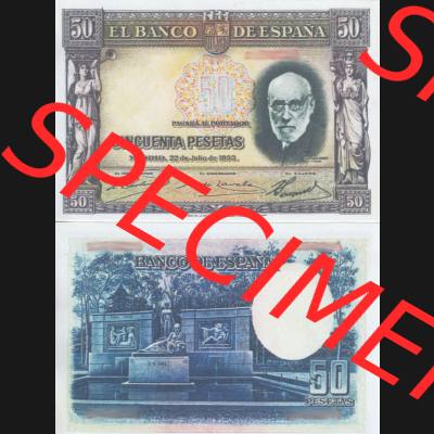 Banknoten Spanien 1935-1935, 50 Peseten. Vorderseite und Rückseite auf einen Digitalen Bild der Banknoten von Spanien 1935-1938, Banknoten aus Satz der Banknoten Spanien 1935-1938... Sammlung