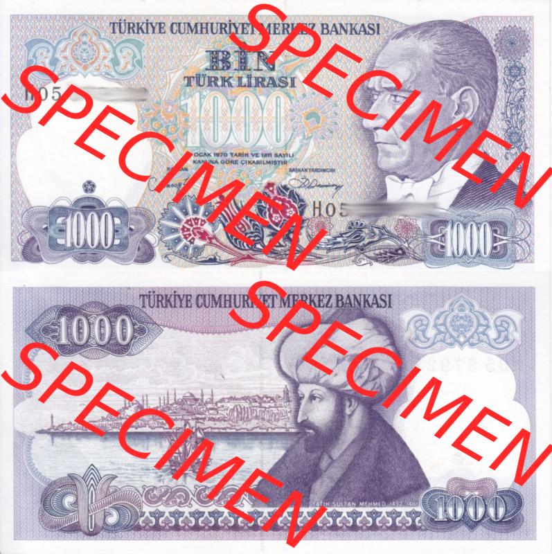Banknote Türkei 1970, 1000 Lire. Vorderseite und Rückseite auf einen Digitalen Bild der Banknoten der Türkei 1968-1986, Banknoten aus Satz der Banknoten der Türkei... Sammlung