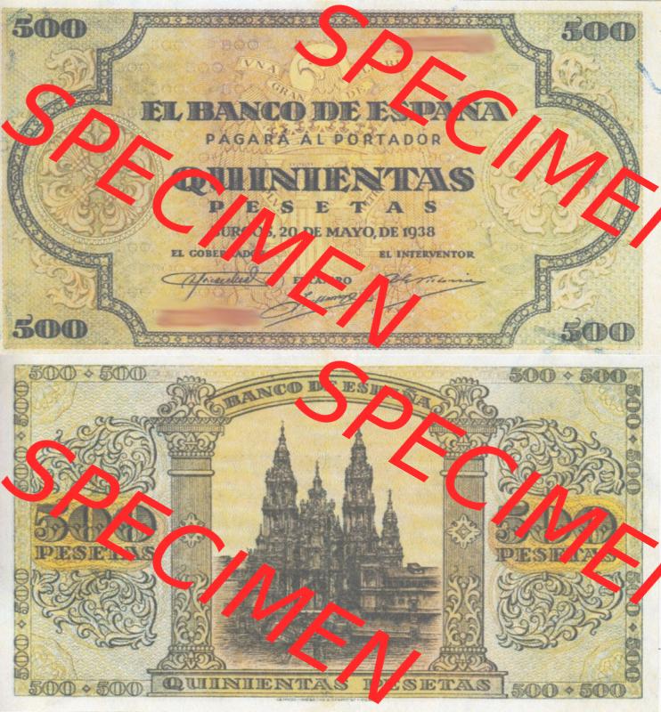Banknoten Spanien 1938-1938, 500 Peseten. Vorderseite und Rückseite auf einen Digitalen Bild der Banknoten von Spanien 1937-1938, Banknoten aus Satz der Banknoten Spanien 1937-1938... Sammlung