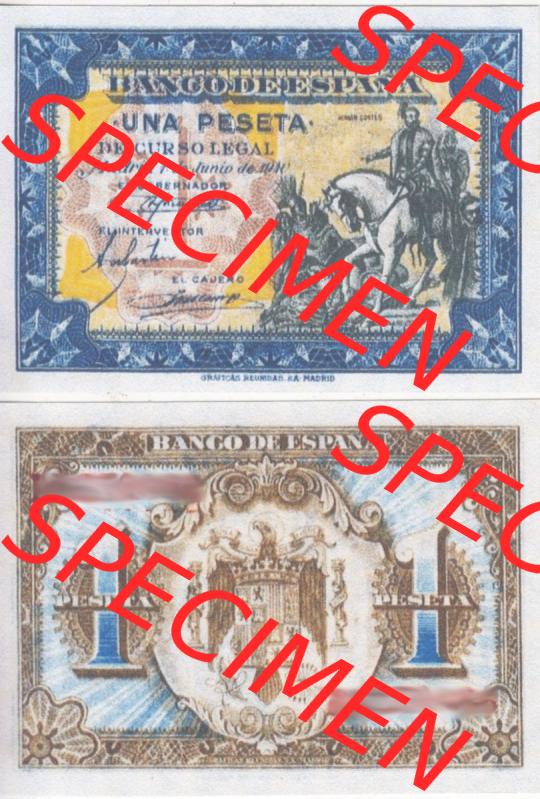 Banknoten Spanien 1940-1940, 1 Pesete Juni 1940. Vorderseite und Rückseite auf einen Digitalen Bild der Banknoten von Spanien 1940, 1943, 1945, Banknoten aus Satz der... Sammlung