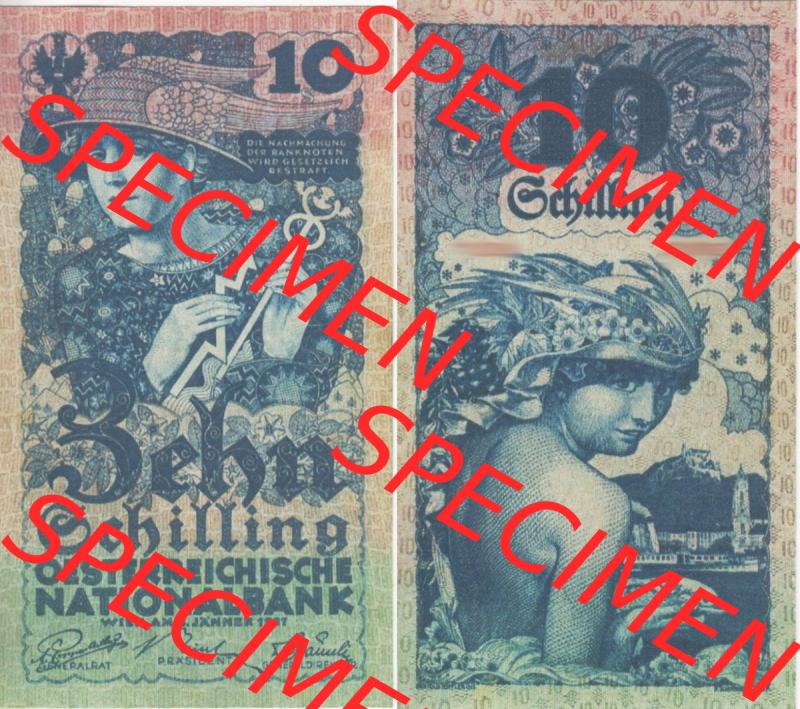 Banknoten Österreich 1927-1927, 10 Schilling. Vorderseite und Rückseite auf einen Digitalen Bild der Banknoten von Österreich 1927-1930, Banknoten aus Satz der Banknoten... Sammlung