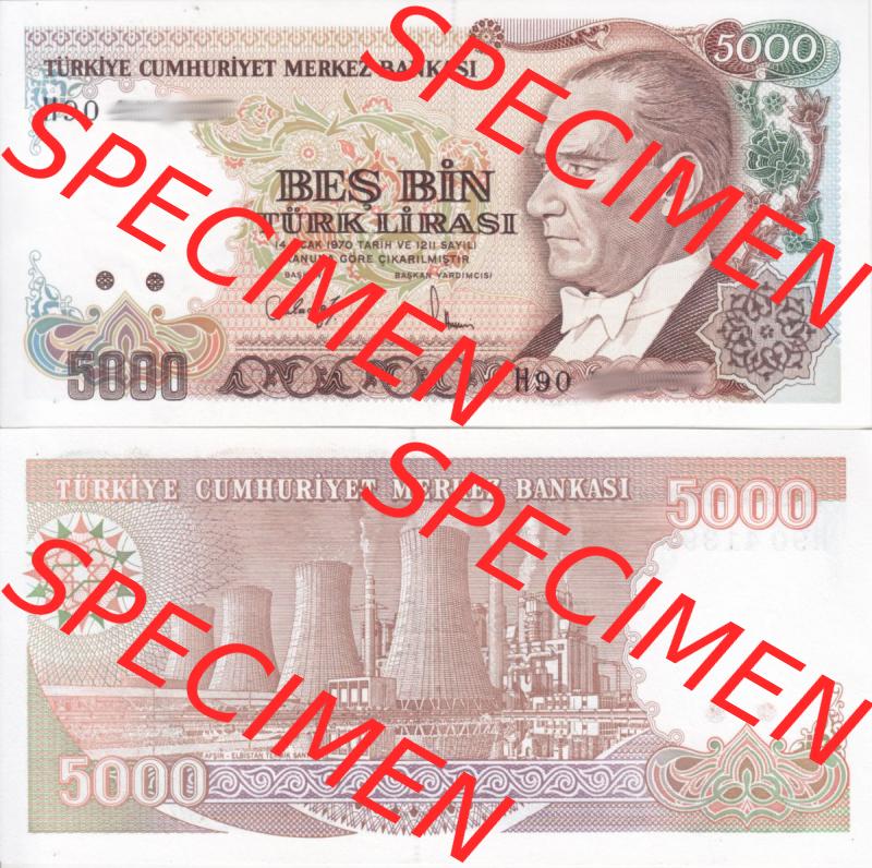 Banknote Türkei 1970, 5000 Lire. Vorderseite und Rückseite auf einen Digitalen Bild der Banknoten der Türkei 1968-1986, Banknoten aus Satz der Banknoten der Türkei... Sammlung