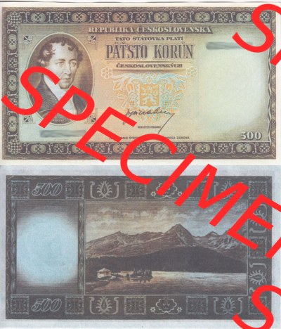 Banknoten Tschechoslowakei 1945-1945, 500 Kronen. Vorderseite und Rückseite auf einen Digitalen Bild der Banknoten der Tschechoslowakei... Sammlung