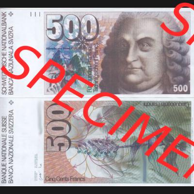 Banknoten Schweiz 1976-1993, 500 Franken. Vorderseite und Rückseite auf einen Digitalen Bild der Banknoten der Schweiz 1975-1993, Banknoten aus Satz der Banknoten Schweiz 1975-1993... Sammlung