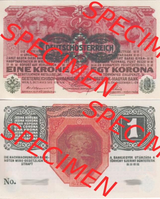 Banknoten Österreich 1919-1919, 1 Krone Deutschösterreich. Vorderseite und Rückseite auf einen Digitalen Bild der Banknoten von Österreich 1919-1919 Deutschösterreich,... Sammlung