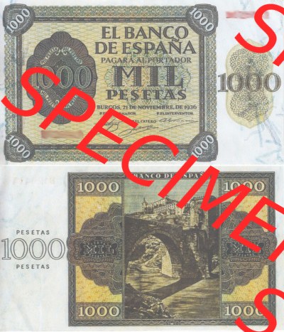 Banknoten Spanien 1936-1936, 1000 Peseten. Vorderseite und Rückseite auf einen Digitalen Bild der Banknoten von Spanien 1936,... Sammlung